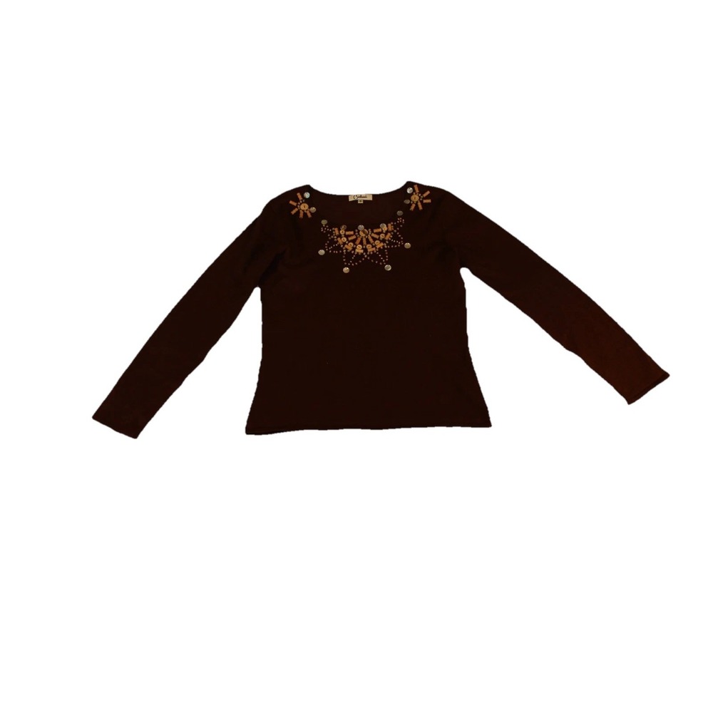 Carducci Sweater Womens Brown Small Rayon Tight Knit Beaded Embellished Outdoor